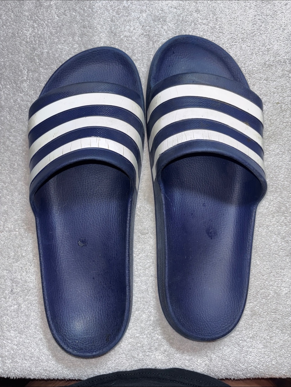 adidas Navy Slide Sandals with White Stripes